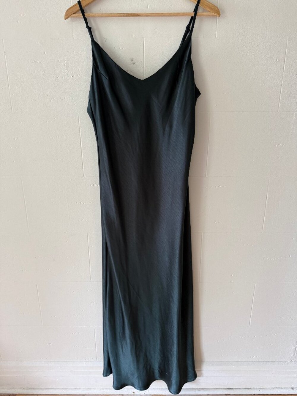 OAK & FORT | Green Satin Maxi Slip Dress | Minimal Classy Wedding Guest | Medium